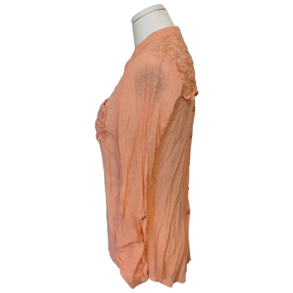 Womens Peach Orange Button Up Blouse Lace Panel Lagenlook Boho Sheer Pastel M - Picture 5 of 11